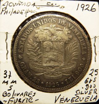 Venezuela Gram 25,  5 Bolivares,  1926 photo