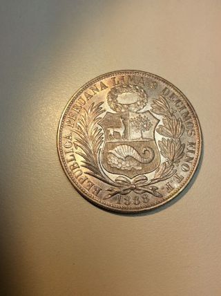 1888 Uncirculated Silver Un Sol Peru Silver Crown Raised Libertad photo