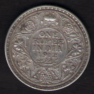British India - 1912 - George V One Rupee Silver Coin Ex - Rare Date photo