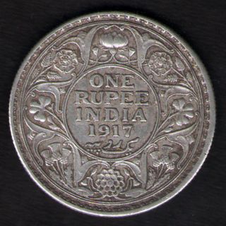 British India - 1917 - George V One Rupee Silver Coin Ex - Rare Date photo