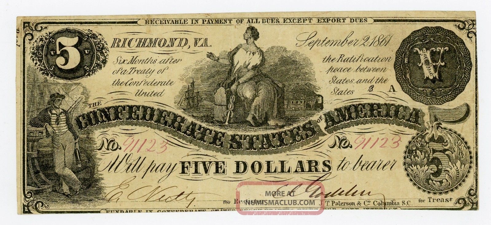 1861 T - 36 $5 The Confederate States Of America Note - Civil War Era Paper Money: US photo