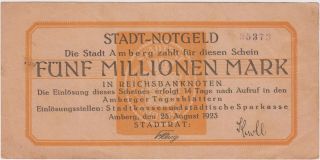 Germany / Amberg 5 000 000 Mark 25.  8.  1923 Circulated Banknote photo