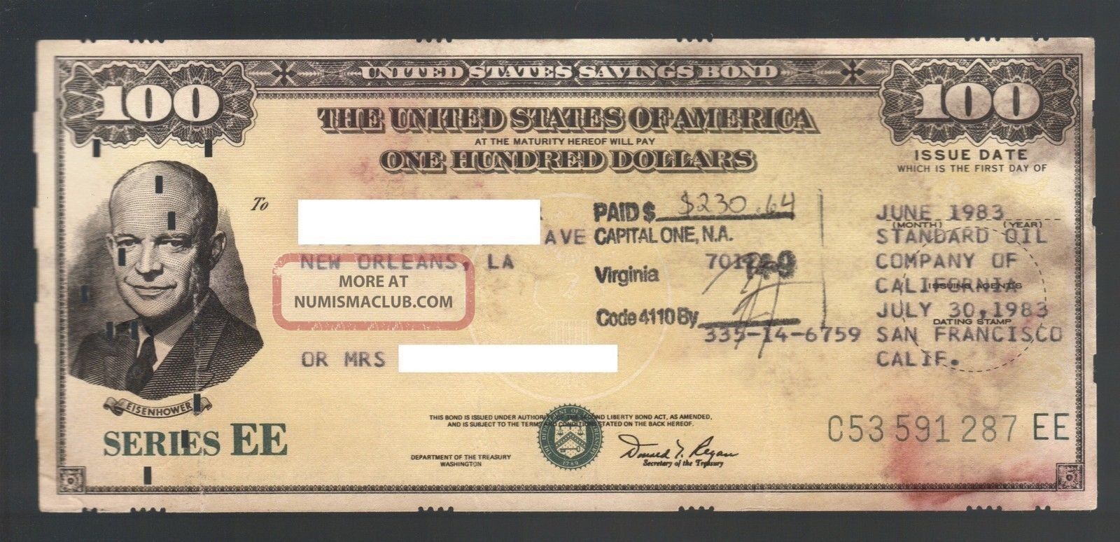 $100 Dollar United States Savings Bond Eisenhower Series Ee Standard Oil 1983 Ca Stocks & Bonds, Scripophily photo