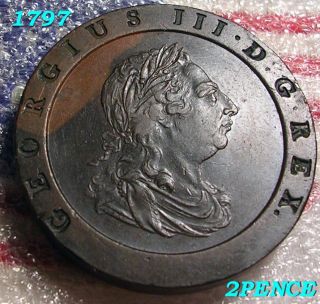 1797 King George Two Pence Cent Cartwheel Heavy Colonial Era Old Coin Raw Xf, photo