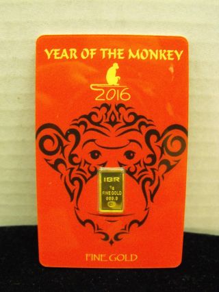 1 Gram Igr 24k 9999 Gold Bar,  Lunar Year Of The Monkey Assay Certificate photo