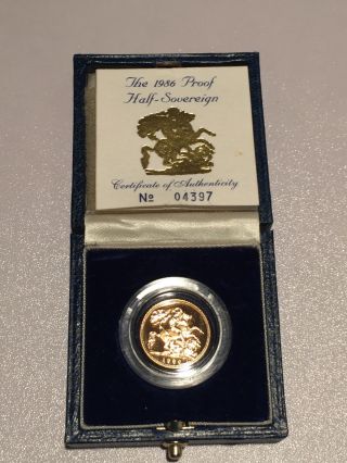 1986 Great Britain Gold Gem Proof Half Sovereign W Box, photo