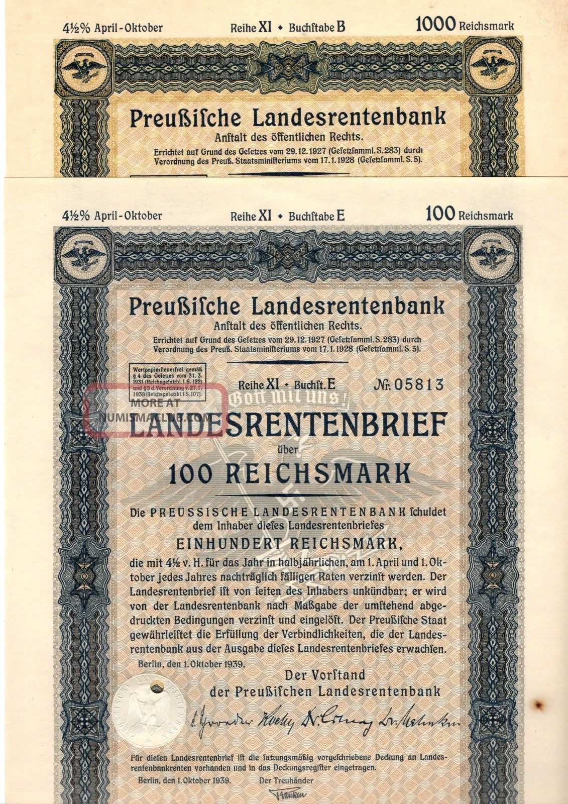 Germany,  Prussia,  1939,  4,  5 Rental Bond 2 Things 100,  1000 Reichsmark World photo