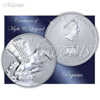 Pegasus Creatures Of Myth & Legend 2014 Tokelau 1oz 999 Silver Rev.  Proof Coin photo