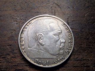1939 2 Reichmarks,  Hindenburg,  Germany (silver Coin) - - Coin (4369) photo
