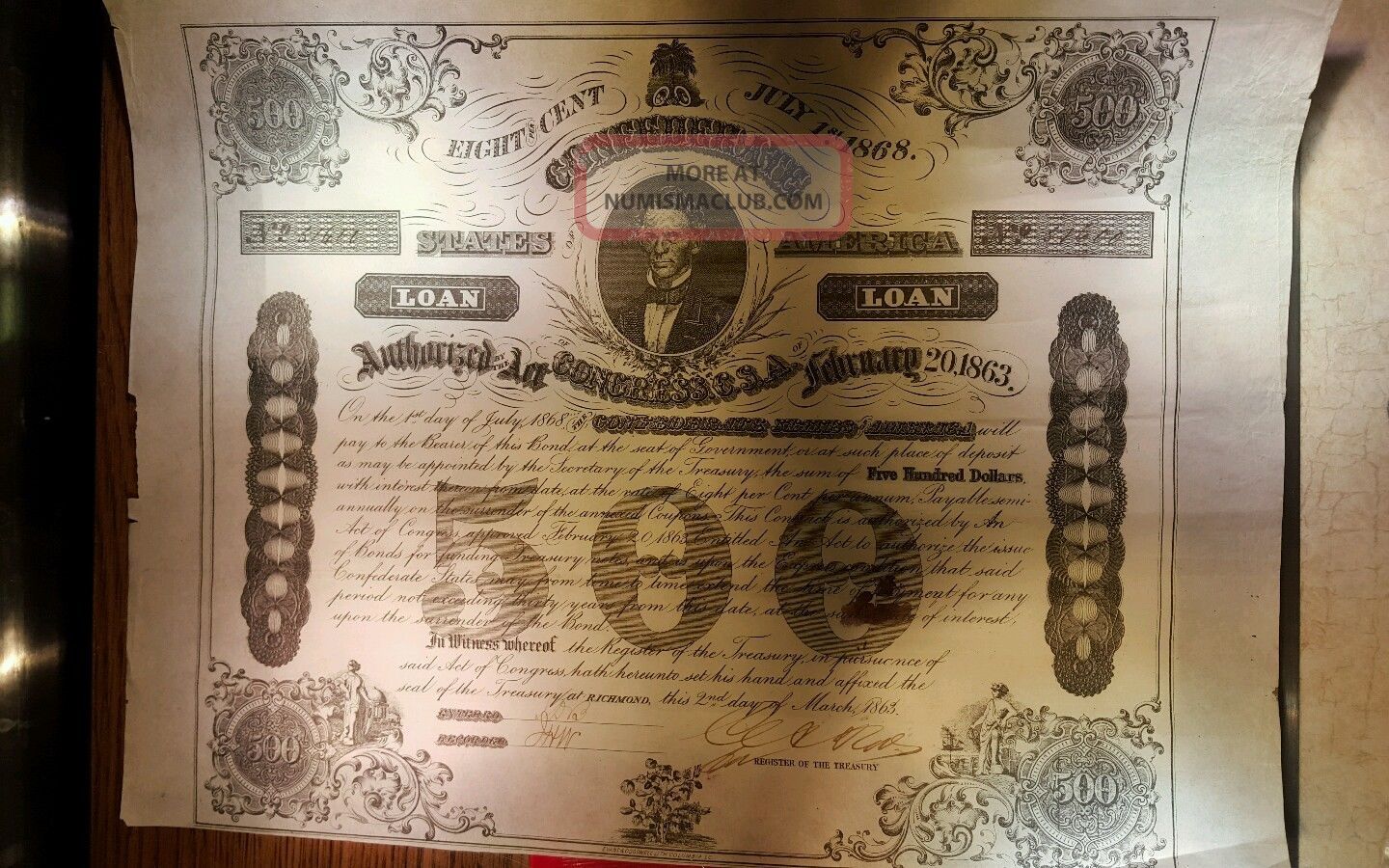 1863 Authentic Civil War Era Confederate States Of America Loan/bond Document Ge Stocks & Bonds, Scripophily photo