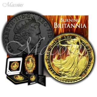 Burning Britannia 2015 Uk 2£ 1 Oz 999 Silver Black Ruthenium & Gold Plated Coin photo