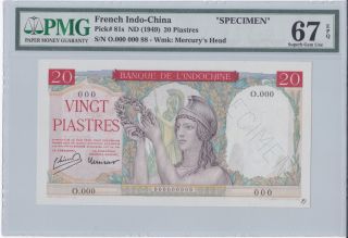 French Indo - China P - 81s 1949 20 Piaster (pmg 67epq) Top Rated Specimen photo