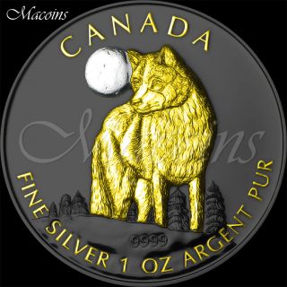 The Wolf Wildlife At Night 2011 Canada Silver Black Ruthenium & Gold Gilded Coin photo