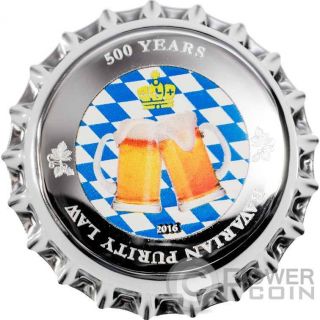 Bavarian Purity Law 500 Years Cap Beer Silver Coin 1$ Palau 2016 photo