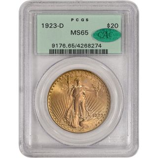 1923 - D Us Gold $20 Saint - Gaudens Double Eagle - Pcgs Ms65 - Cac Verified photo