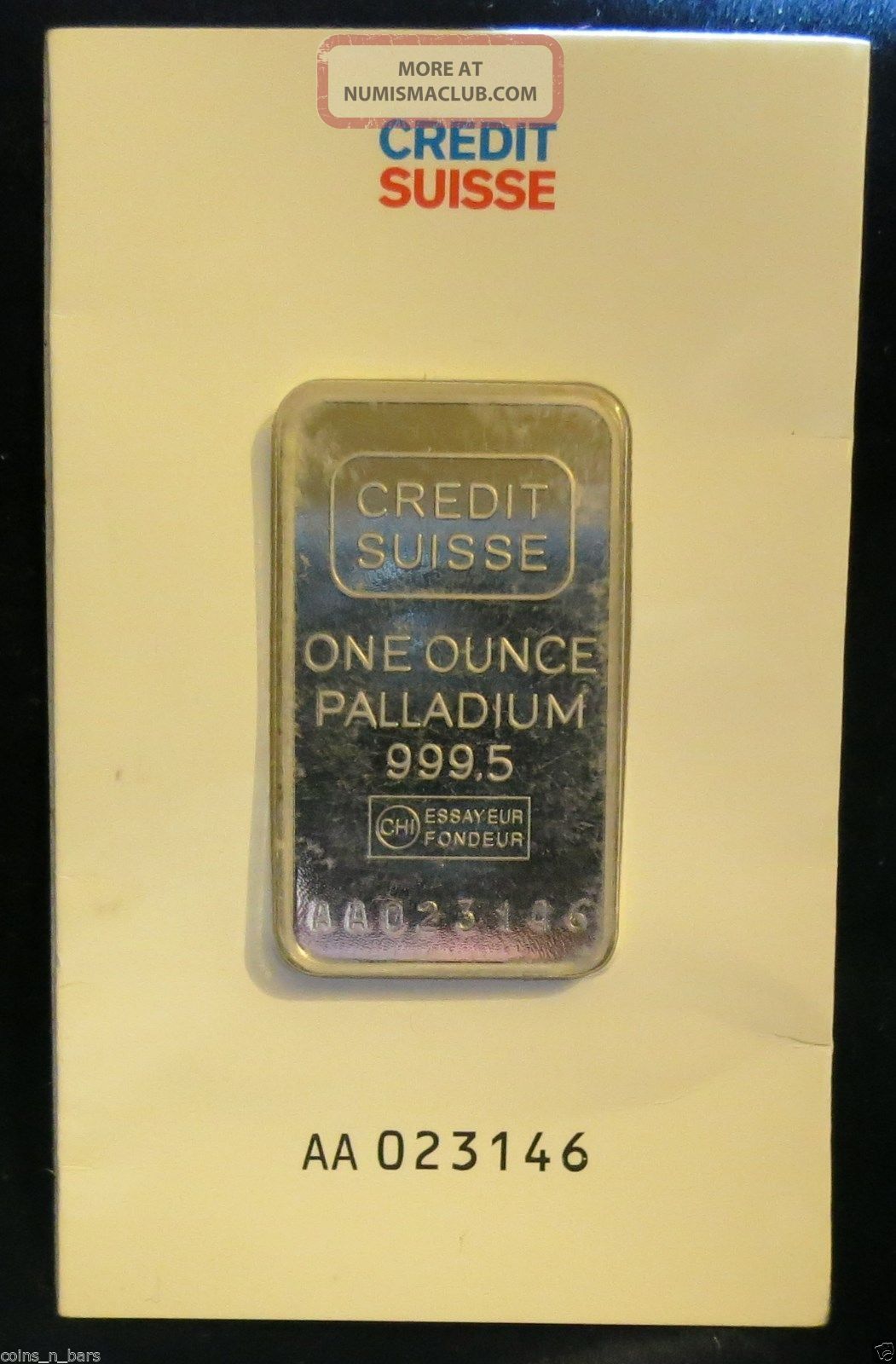 One Ounce Palladium Credit Suisse 999.  5 In Asssay/ With Card Bullion photo