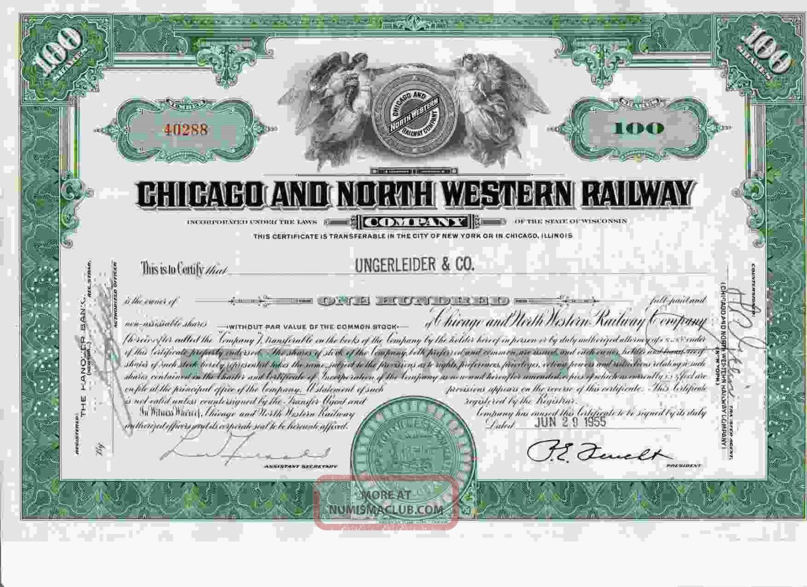 Rare Green Chicago & North Western Railway Company Stock Certificate Railroad Transportation photo