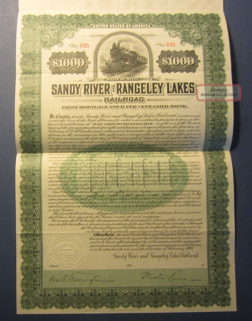 Old 1908 Sandy River And Rangeley Lakes Railroad - Gold Bond Certificate - Maine Transportation photo