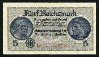 Germany Ww2 5 Reichsmark 1940 - 1945 Vf photo