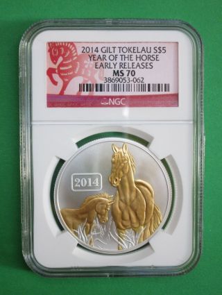 2014 Gilt Tokelau $5 Year Of The Horse 1 Oz.  999 Silver Coin Ngc Ms 70 Early Rel photo