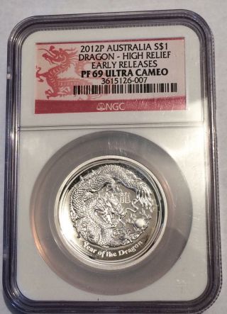 2012p Australian Year Of The Dragon High Relief 1 Oz.  999 Silver Coin.  Pf - 69 Ngc photo