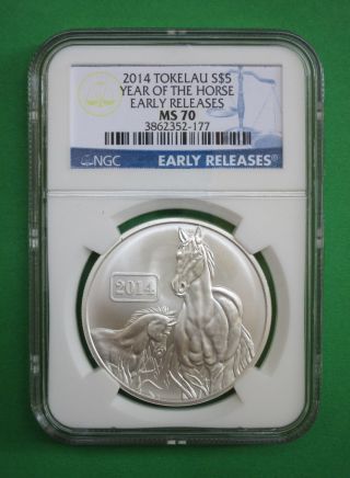 2014 Tokelau $5 Year Of The Horse 1 Oz.  999 Fine Silver Coin Ngc Ms 70 Early Rel photo