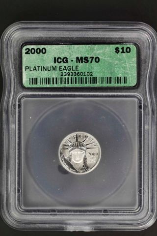 2000 $10 Platinum Eagle Statue Of Liberty 1/10th Oz Icg Ms - 70 - 145147 photo