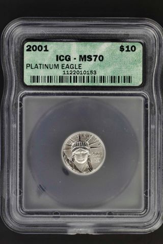 2001 $10 Platinum Eagle Statue Of Liberty 1/10th Oz Icg Ms - 70 - 145146 photo