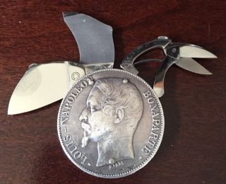 1852 Louis Napoleon Bonaparte 5 Franc Silver Coin Knife Tools photo