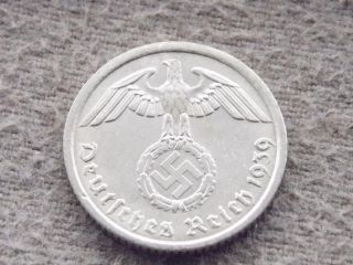 Rare German Coin 10 Reichspfennig 1939 A Brass Third Reich Swastika Nazi 3rd Ww2 photo