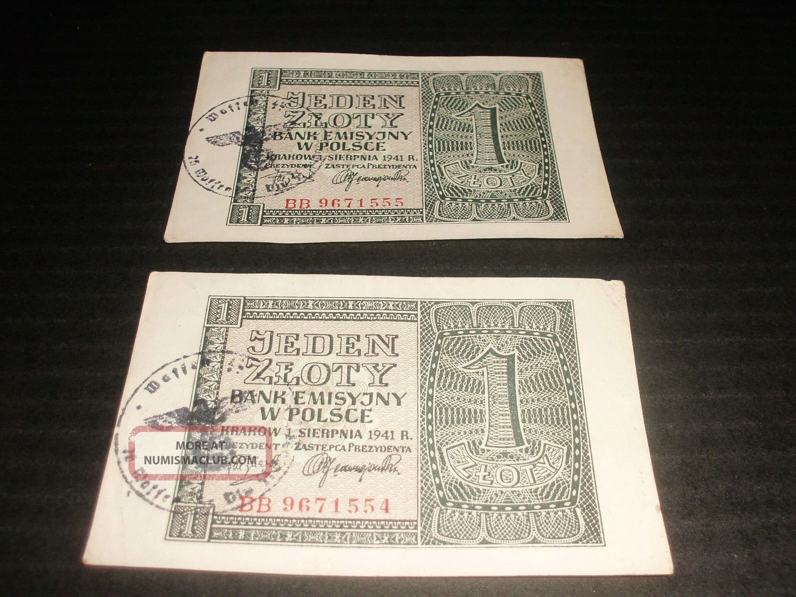 Polish Occupation 2 X 1 Zlotych 1941 Consecutive Numbers - Stamp Europe photo
