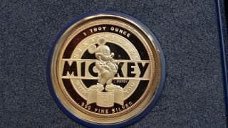 1988 Disney Sixty Years Mickey Commem Proof 1oz Silver Round Box & photo