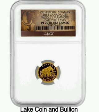 2014 Canadian $5 Gold Woolly Mammoth Ngc Pf70 Perfect Coin 1/10 Oz.  9999 Gold photo