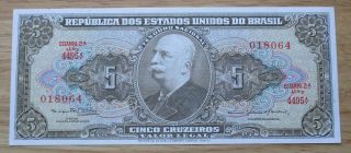 1964 Brazil 5 Cruzeiros World Currency Banknote Unc photo