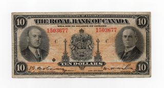 1935 The Royal Bank Of Canada $10 Chartered Bank Note,  Very photo