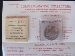 Rare 53 Colorado Statehood Heraldic Art Medal W/envelope And Literature photo