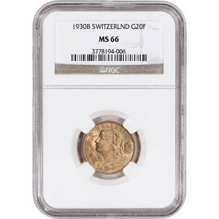 1930 B Switzerland Gold 20 Francs - Ngc Ms66 photo