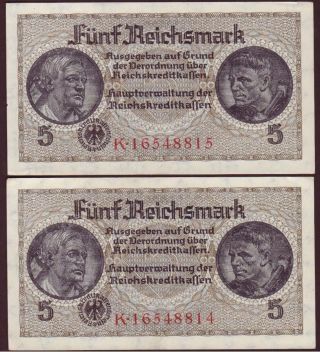 (858) Germany 5 Reichsmark 1940 - 1945,  P: R138b,  9 Bank Ser.  Nr.  In Row,  Au (1) photo
