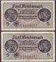 (858) Germany 5 Reichsmark 1940 - 1945,  P: R138b,  9 Bank Ser.  Nr.  In Row,  Au (1) Europe photo 2