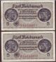(858) Germany 5 Reichsmark 1940 - 1945,  P: R138b,  9 Bank Ser.  Nr.  In Row,  Au (1) Europe photo 4