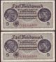 (858) Germany 5 Reichsmark 1940 - 1945,  P: R138b,  9 Bank Ser.  Nr.  In Row,  Au (1) Europe photo 6