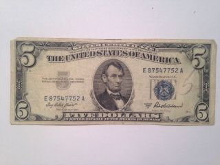 Old 1953 Five Dollar Bill $5 Blue Seal Silver Certificate Note - Vintage Money photo