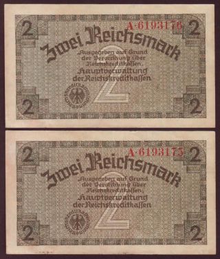 (859) Germany 2 Reichsmark (1940 - 45),  Pick - R137a,  5 Bank.  Ser.  Nr.  In Row,  Xf, photo