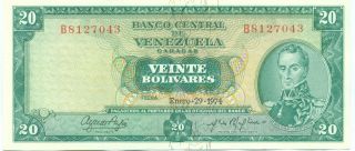 Venezuela Note 20 Bolivares 29.  1.  1974 Serial B 7 Digits P 46e Unc photo