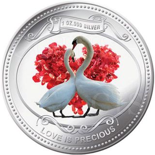 Niue 2010 2$ Love Is Precious - White Swans 1oz Proof Silver Coin photo