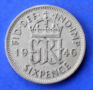 Silver 1946 Great Britain 6 Pence George Vi Km 852 Toned Circ Last Yr Bb46 photo