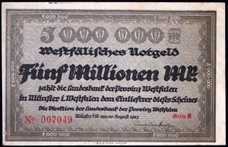 Westfalen (mÜnster) 1923 5 Million Mark Inflation Notgeld German Banknote photo