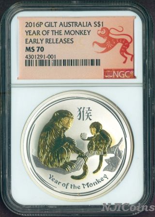 2016 P Australia Gilded Silver Lunar Year Of The Monkey Ngc Ms70 1 Oz Coin Gilt photo