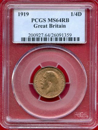 Great Britain Farthing 1/4d 1919 Pcgs Ms64 Rb 162 photo