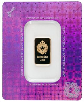 5 Gram.  9999 Gold Bar - In Certi - Lock By Scottsdale A377 photo